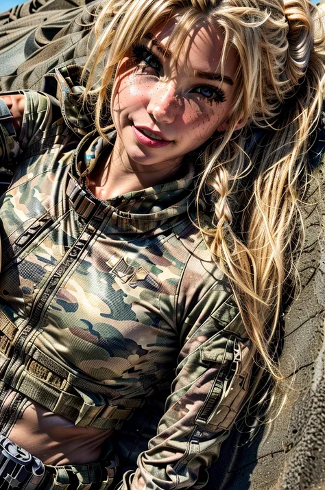 1 girl, military camo outfit, sand, blonde hair, ponytail, brown eyes, female waist, solo, freckles, full body