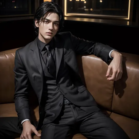 work of art,8K,ultra detali,best qualityer, A man sitting on a sofa in a club,with a black suit,skin fair,straight black hair,honey-colored eyes ,at night 