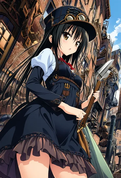 One girl, kotegawa yui, to love-ru,perfect body,black Hair, long Hair, brown eyes,cap,dress,longsleeve,holding a tool,Multi-level streetscape,
break,A steampunk aesthetic with Victorian-era machinery, brass gears, and an overall retro-futuristic feel."
