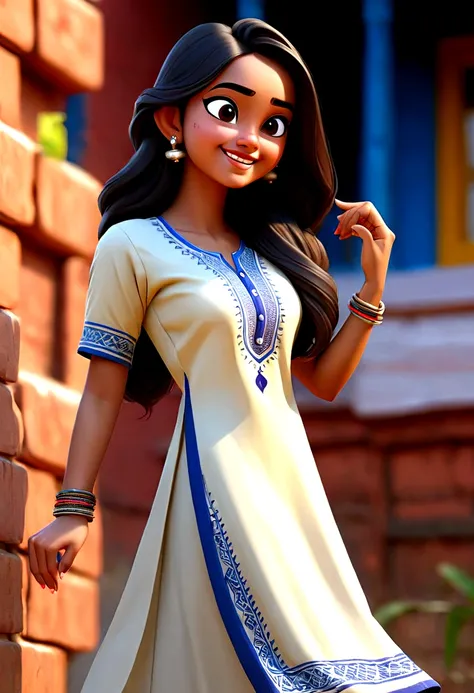 a woman in a blue and white dress standing in front of a red brick wall, Lizzy Ansingh, wearing a kurta, wearing a silk kurta, indian style, young and cute girl, cute woman, with lovely look, wearing intricate, at college, madhubani, wearing an elegant tri...