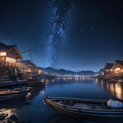 (((masterpiece))), Starry sky photography, Small concrete port , Japanese fishing port at night, Matt, Tranquil atmosphere, Calm sea, detailed, highly detailed, (8K)