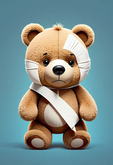 Cartoon style, teddy bear with bandages on its arms and back, sad expression on its face, small tears in its eyes.