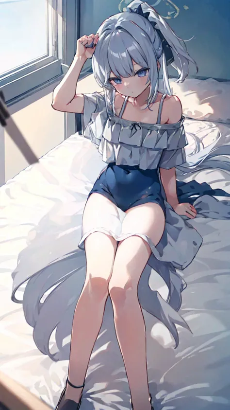 （Extremely detailed CG unified 8k wallpaper),(masterpiece), (Best quality), (Ultra Detailed), (Best Illustration),(The best shadow)，Lying in bed，Raise your hands above your head，Arms behind the back of your head，Widely spread legs，Open your legs