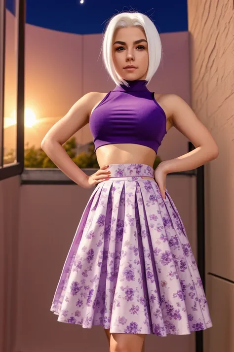 realistic, 1girl, white hair, purple eyes, glowing eyes, crop top, skirt, parted lips, blush, night, flowers, sun, sunlight,