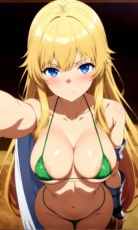 score_9, score_8_up, score_7_up,,BREAK source_anime,(from above,face high view),Dutchangle, standing,,upperbody,sitting,looking at viewer,selfie, 1girl, celes chere, final fantasy.blonde hair, blue eyes, (ultra micro bikini,green bikini),large breasts,clea...