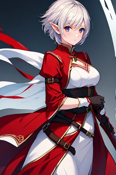 Mature woman, short white hair, red skinned, elf, assassin outfit