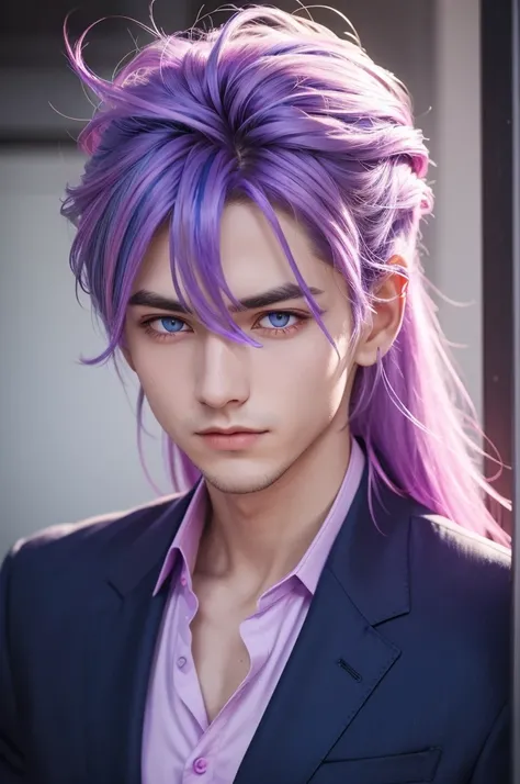 A guy in a purple dress shirt with blue streaked hair and bright pink eyes