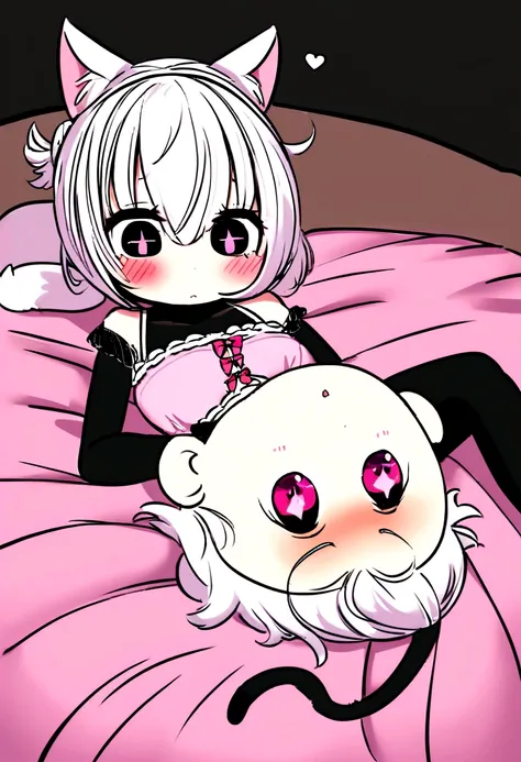 I have white pink hair, cat ears, a bun, my face is super blushing, black glasses, pink heart eyes, and if you could, in lingerie, black stockings, a cat&#39;s tail, a very shy girl, that you are lying on your bed how suspicious it is very small