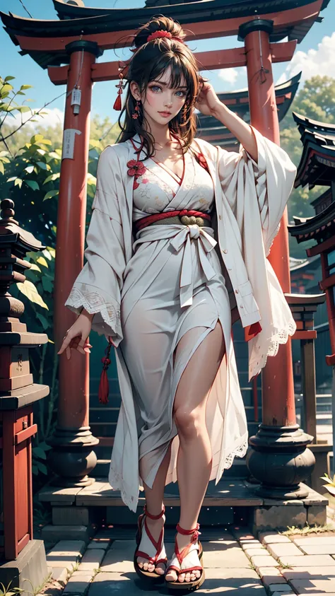 24-year-old female、Black Hair、Straight Hair、Tie it behind your head with a scrunchie、White Summer Dress、Wearing a white cardigan decorated with lace、Sandals、Japanese Shrines、Stone-paved approach to the shrine、Torii-mae、Close your eyes and place your palms ...