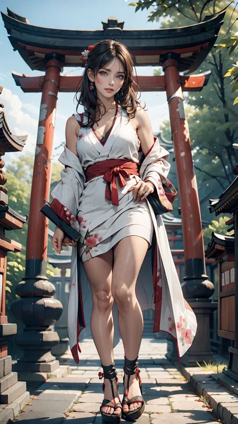 24-year-old female、Black Hair、Straight Hair、Tie it behind your head with a scrunchie、White Summer Dress、Wearing a white cardigan decorated with lace、Sandals、Japanese Shrines、Stone-paved approach to the shrine、Torii-mae、Close your eyes and place your palms ...