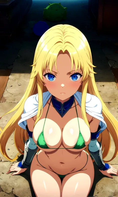 score_9, score_8_up, score_7_up,,BREAK source_anime,(from above,face high view),Dutchangle, standing,,upperbody,sitting,looking at viewer,selfie, 1girl, celes chere, final fantasy.blonde hair, blue eyes, (ultra micro bikini,green bikini),large breasts,clea...