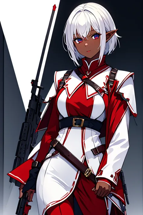 Mature woman, short white hair, dark skinned, elf, red and white assassin outfit