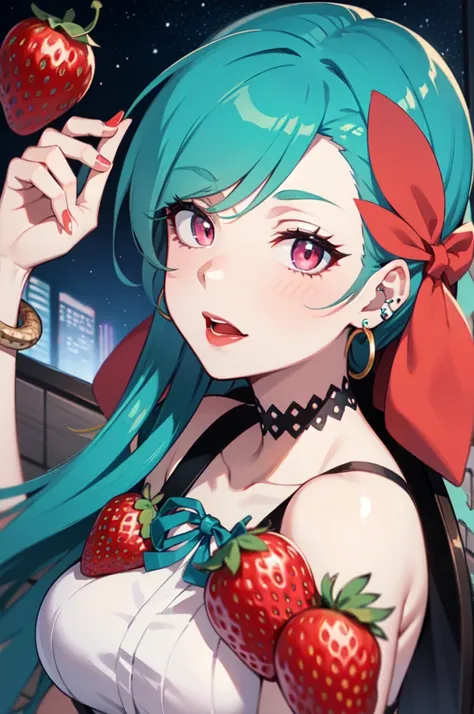 a  from anime bnha with turquoise blue hair with green and pink streaks, pink eyes with stars, pale skin, snake bite style piercings, full red lips and a beautiful face with a strawberry-shaped star in her hand 