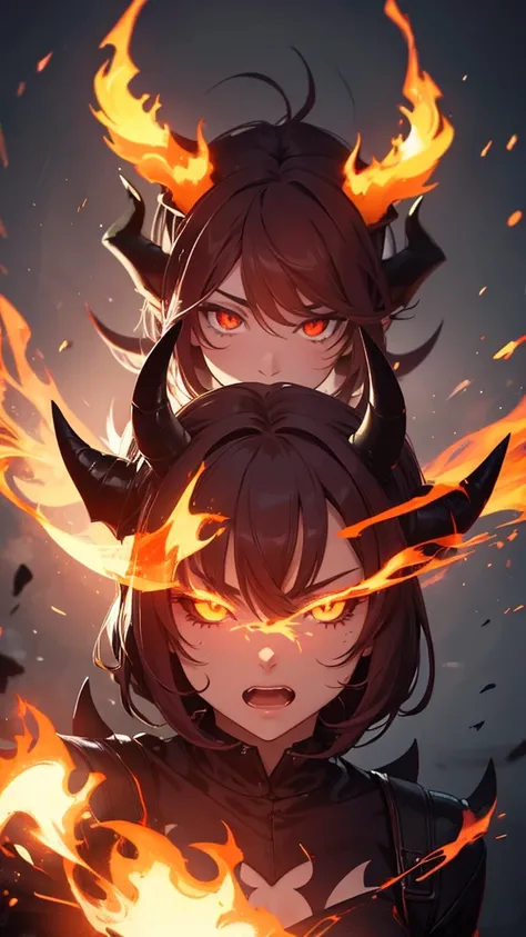 A beautiful two horned demon made of fire is looking at the camera with open eyes and mouth open render it in 8k perfect