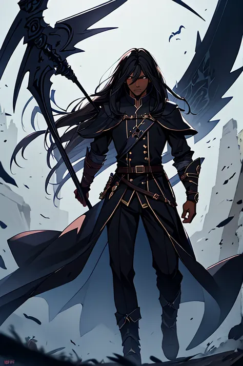 mature man, long black hair, dark skinned, elf, battle mage outfit, black scythe