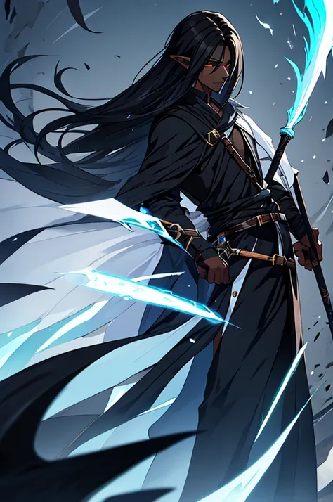 Mature man, long black hair, dark skinned, elf, battle mage outfit, black scythe