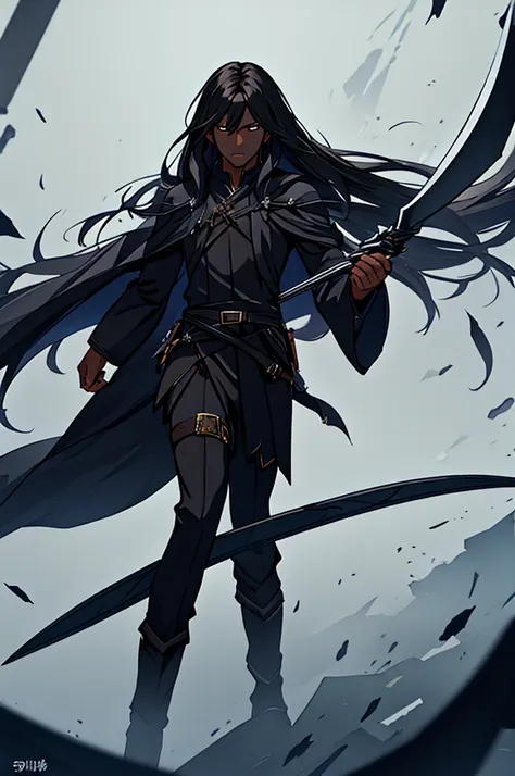 mature man, long black hair, dark skinned, elf, battle mage outfit, black scythe