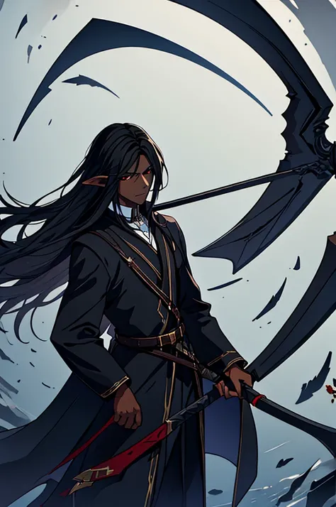 Mature man, long black hair, dark skinned, elf, battle mage outfit, black scythe