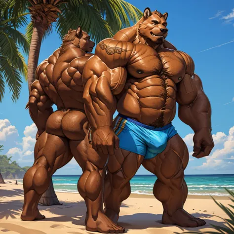 beach, side view, extremely huge muscular, massive muscular, full-body, well-muscled old man and showing back muscle, shirtless, competitive briefs. ((Huge thick fur, extremely muscle size, super thick arms, huge back, extremely wide back and shoulder , hu...