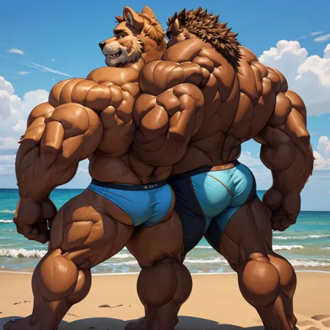 beach, side view, extremely huge muscular, massive muscular, full-body, well-muscled old man and showing back muscle, shirtless, competitive briefs. ((Huge thick fur, extremely muscle size, super thick arms, huge back, extremely wide back and shoulder , hu...