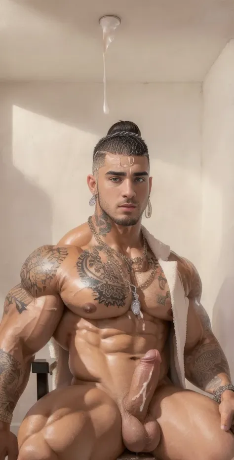 (masterpiece, intricately detailed, highest resolution, best quality:1.2), (doujin), a cocky Jordan_Torres Instagram influencer, buzz cut, a 36 y.o muscle dom with a muscular physique sitting on a chair with blue eyes,ntattoo, ((neckline_tattoo)), dark-ski...