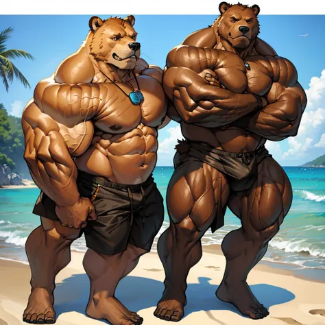 beach, extremely huge muscular, massive muscular, full-body, well-muscled grizzly bear. ((Huge thick brown fur, extremely muscle size, super thick arms, huge pec, extremely wide pectoral , huge arms)).  and add details to make it attractive and interesting...