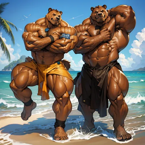 beach, extremely huge muscular, massive muscular, full-body, well-muscled grizzly bear. ((Huge thick brown fur, extremely muscle size, super thick arms, huge pec, extremely wide pectoral , huge arms)).  and add details to make it attractive and interesting...