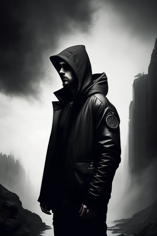 A man clad in a black hoodie, his face obscured by the shadows, holds a vintage pocket watch in his hand. The background is shrouded in an eerie fog, lending an atmosphere of mystery and intrigue. The style is reminiscent of noir avant-garde art, with heav...