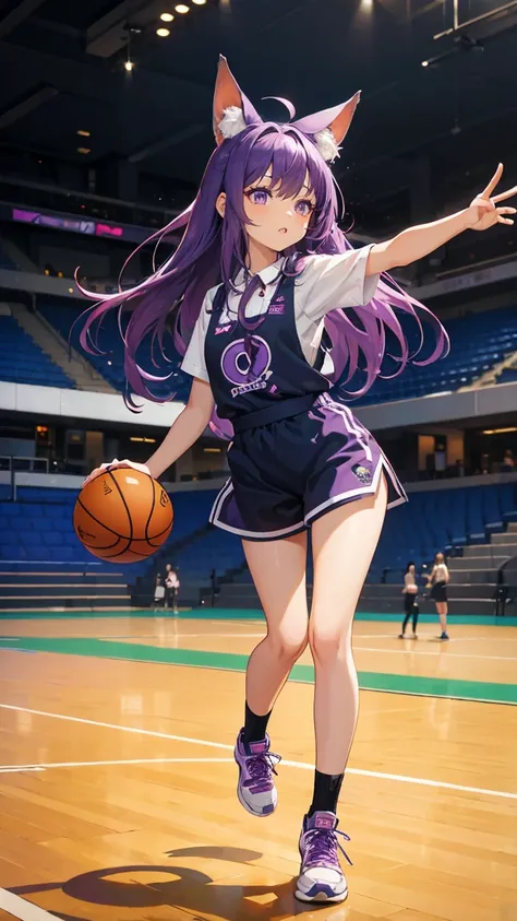 (Highest quality), (masterpiece), 1 Girl,Purple Hair,long hair,Fox Ears,Adult women,Play basketball,She is dribbling the ball,running,Outdoor Basketball Court, She is wearing a suspender top, Fair skin, sunny, Full body photo,(Bright Eyes), (Iris),Very det...