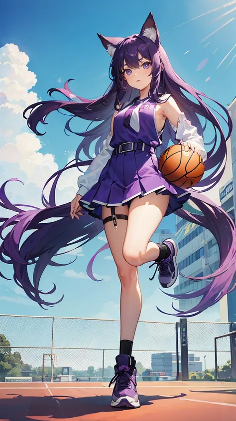 (Highest quality), (masterpiece), 1 Girl,Purple Hair,long hair,Fox Ears,Adult women,Play basketball,She is dribbling the ball,running,Outdoor Basketball Court, She is wearing a suspender top, Fair skin, sunny, Full body photo,(Bright Eyes), (Iris),Very det...