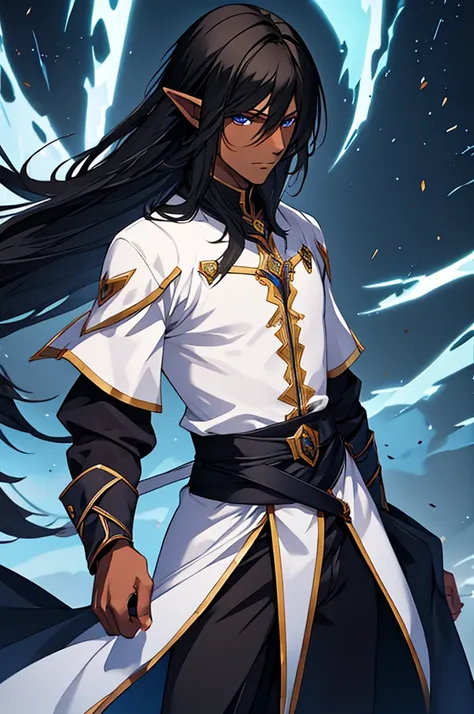 Mature man, long black hair, dark skinned, elf, battle mage outfit