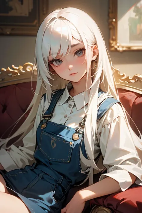 +masterpiece, Highest quality, Very detailed, Female student, Beautiful Face, Rich details, (Long white hair), Perfect Face, Overalls, Sitting, close, Shabby sofa