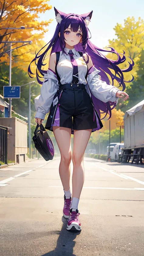 (Highest quality), (masterpiece), 1 Girl,Purple Hair,long hair,Fox Ears,Adult women,彼女はrunningしながらジャンプする,running,Outdoor Basketball Court, She is wearing a suspender top, Fair skin, sunny, Full body photo,(Bright Eyes), (Iris),Very detailed,(single), sweet...