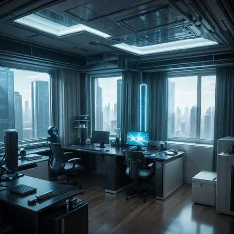 there is a computer desk with a monitor and a chair in front of it, futuristic interior, futuristic room, retro futuristic apartment, futuristic room background, futuristic looking living room, futuristic architectural art, desktopography, science fiction ...