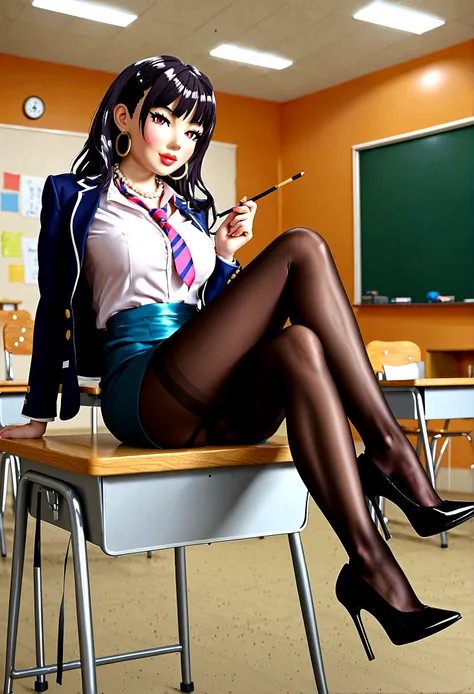 Teacher, (((twirling and playing with her Long_wavy_black_hair_bangs))), (((dark hair looks like 20 yr old Bettie Paige))), brown pantyhose, (brown_Blazer uniform_brown, school shirt, Burberry plaid_skirt, tie_black, must wear brown pantyhose tights (open ...