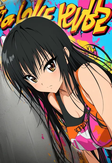 One girl, kotegawa yui, to love-ru,perfect body,black Hair, long Hair, brown eyes,
break,Create an image in the style of graffiti art, banksie style,with bold colors, expressive lettering, and a rebellious, urban vibe.