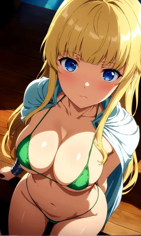 score_9, score_8_up, score_7_up,,BREAK source_anime,(from above,face high view),Dutchangle, standing,,upperbody,sitting,looking at viewer,selfie, 1girl, celes chere, final fantasy.blonde hair, blue eyes, (ultra micro bikini,green bikini),large breasts,clea...