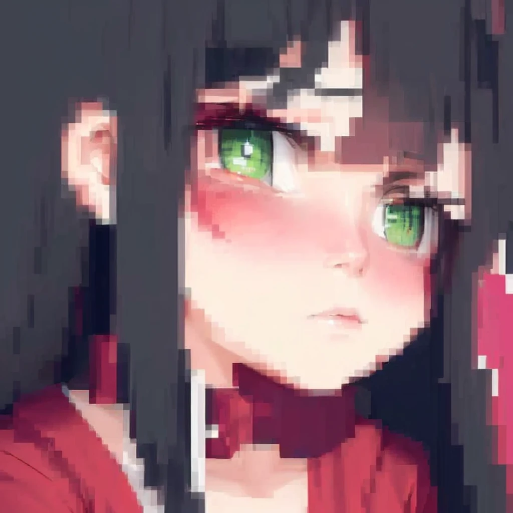 anime girl with green eyes and a red jacket, red chocker, #pixelart:3, # pixelart, #pixelart, /r/pixelart, lofi portrait, anime style. 8k, made with anime painter studio, pixelart, flat anime style shading, detailed pixel artwork, semirealistic anime style...