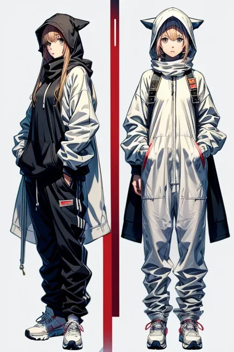 anime, full-body image, female, pure white background, wearing baggy hoodie and long pants, wearing banaclava and scarf, standing still