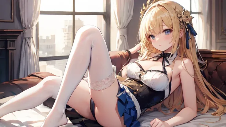 best quality，Super detailed，Perfect limbs，floor、mini skirt，Clothes with intricate details，Bright，Swimsuit，one person，blond，Sexy、Deep sleep、long hair、Stockings