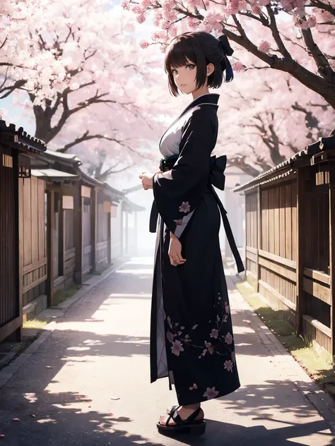 {Extremely detailed 8K wallpaper}, {Masterpiece}, {Best Quality}，Alone，full body shot，Okita Souji，short hair, kimono，celestial haori. cherry tree