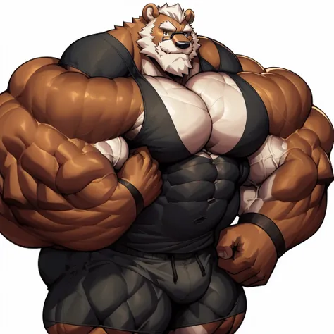 solo, 1boy, Huge Muscular Old Grizzly Bear wearing glasses , pectoral, huge pectoral, wide pectoral, short white hair, short pants, black wristbands and black tank top, bearded, Mustache, ((really big muscle, massive muscular, sixpack, thick arms, wide pec...