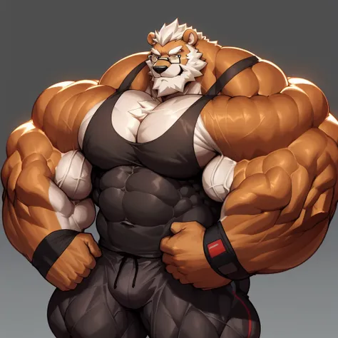 solo, 1boy, Huge Muscular Old Grizzly Bear wearing glasses , pectoral, huge pectoral, wide pectoral, short white hair, short pants, black wristbands and black tank top, bearded, Mustache, ((really big muscle, massive muscular, sixpack, thick arms, wide pec...