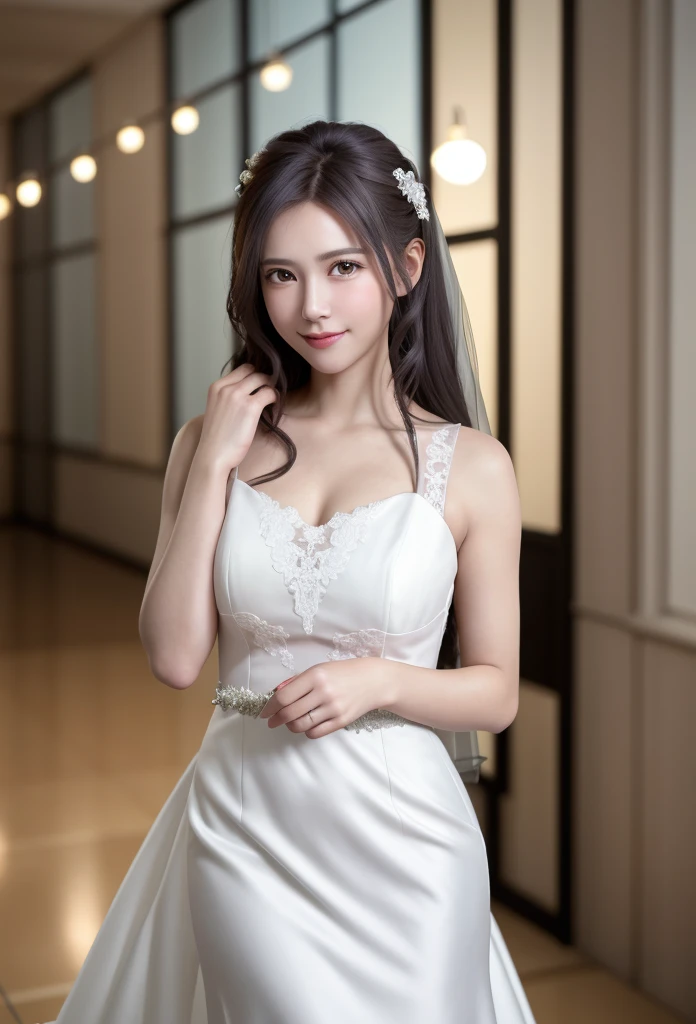 (8K, RAW Photos, Tabletop:1.3), (Realistic, Photorealistic:1.37), (night), (View your viewers:1.331), (Gray Hair), Pause, Wedding venue background, Soft Light, One Girl, Very beautiful face, bust, Put your hands down, Random hairstyle, The best smile, Big ...