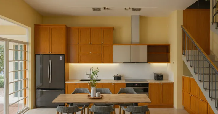 interior of kitchen, kitchen cabinet, kitchen island, oven, microwave, fridge, rice cooker, dish washer, kettle, stove, sink,Mediterranean style
