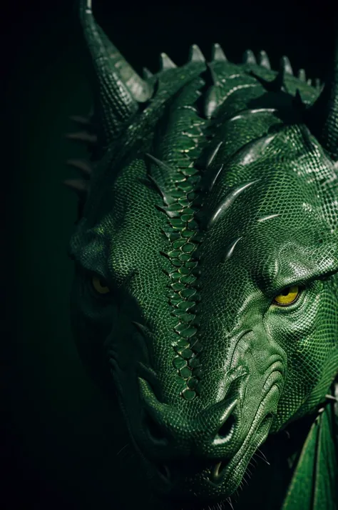 Photograph taken with a d3500 bolt camera of the head of a green dragon with touches of black and with optimal quality 