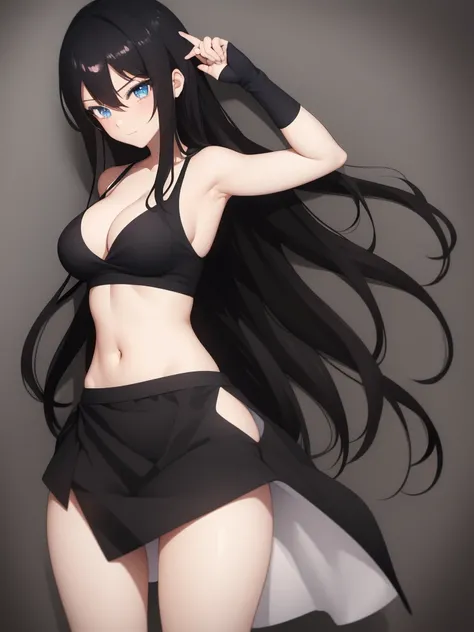 Anime Girl , sexy , black long hair , blue eyes, short top and revealing skirt with no undergarments 