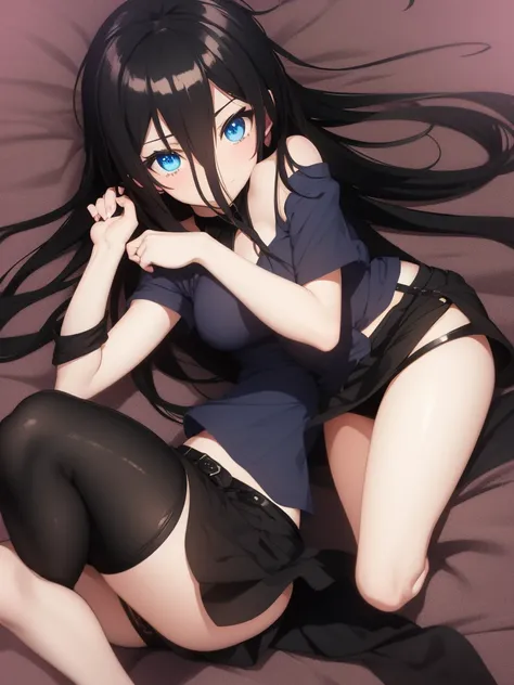 Anime Girl , sexy , black long hair , blue eyes, short top and revealing skirt with no undergarments 