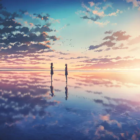 1girl, beach, bird, blue sky, cloud, cloudy sky, condensation trail, day, hill, horizon, mountain, mountainous horizon, ocean, o...