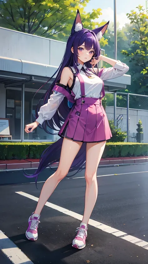 (Highest quality), (masterpiece), 1 Girl,Purple Hair,long hair,Fox Ears,Adult women,彼女はrunningしながらジャンプしている,running,Outdoor Basketball Court, She is wearing a suspender top, Fair skin, sunny, Full body photo,(Bright Eyes), (Iris),Very detailed,(single), swe...